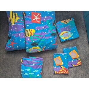 🔥VTG 80s Tropical Fish Cheryl Johnson Full Size Comforter Set w Sheets + Pillow